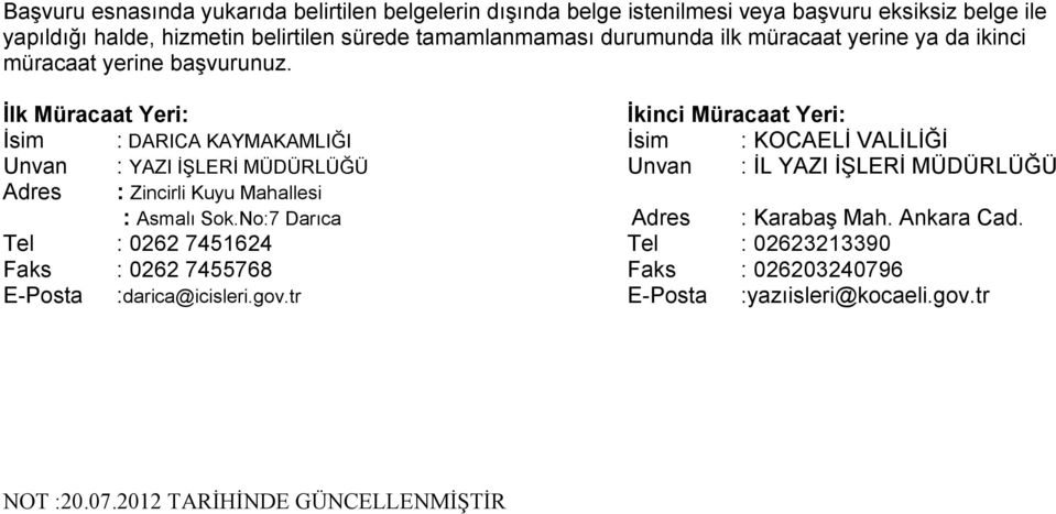 İlk Müracaat Yeri: İkinci Müracaat Yeri: İsim : DARICA KAYMAKAMLIĞI İsim : KOCAELİ VALİLİĞİ Unvan : YAZI İŞLERİ MÜDÜRLÜĞÜ Unvan : İL YAZI İŞLERİ MÜDÜRLÜĞÜ Adres :