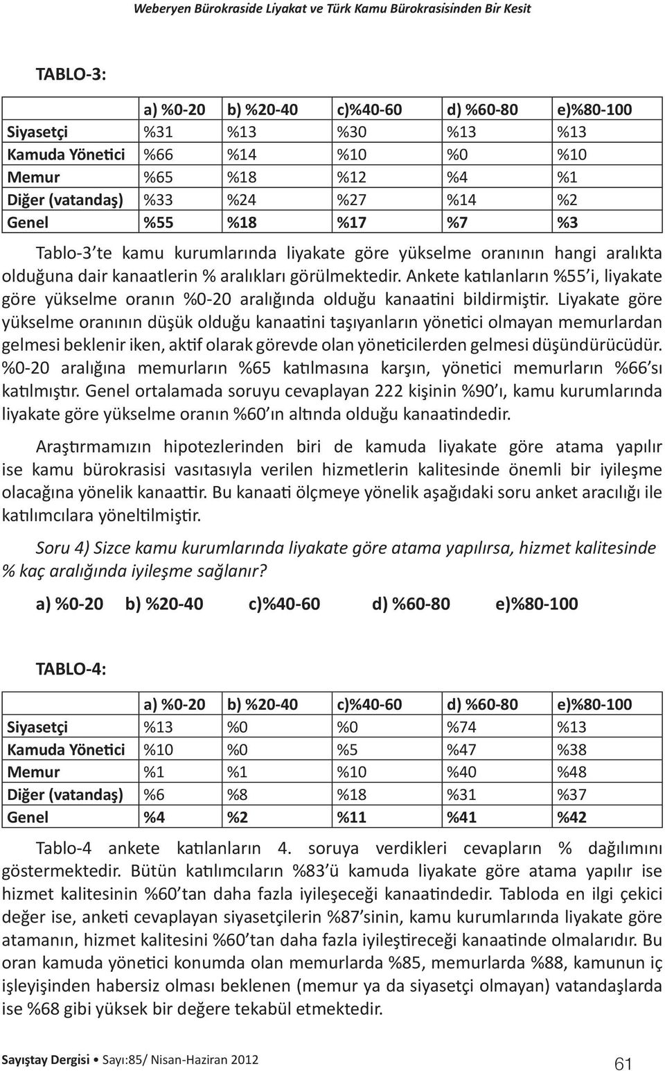 Ankete katılanların %55 i, liyakate göre yükselme oranın %0-20 aralığında olduğu kanaatini bildirmiştir.