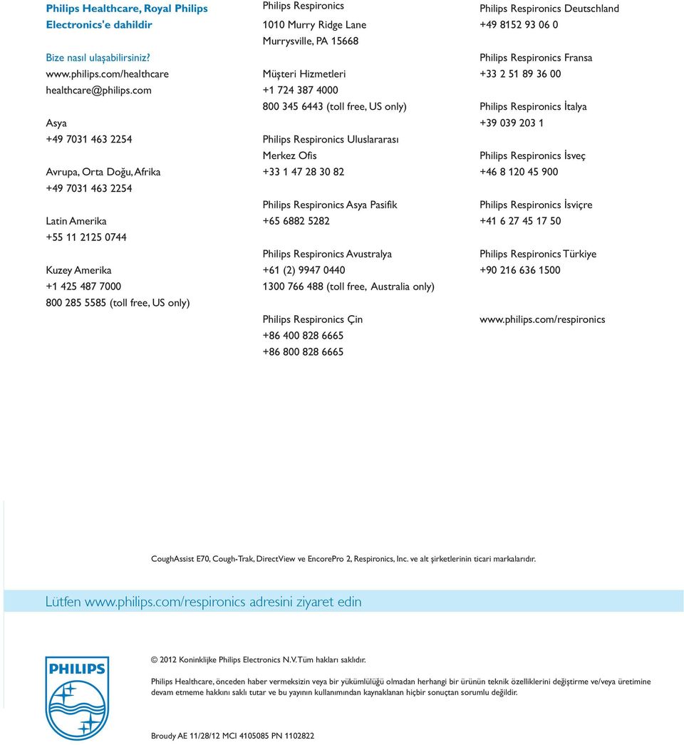 Ridge Lane Murrysville, PA 15668 Müşteri Hizmetleri +1 724 387 4000 800 345 6443 (toll free, US only) Philips Respironics Uluslararası Merkez Ofis +33 1 47 28 30 82 Philips Respironics Asya Pasifik