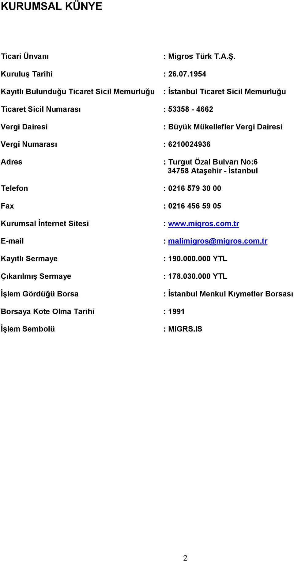 Dairesi Vergi Numarası : 6210024936 Adres : Turgut Özal Bulvarı No:6 34758 Ataşehir - İstanbul Telefon : 0216 579 30 00 Fax : 0216 456 59 05 Kurumsal İnternet