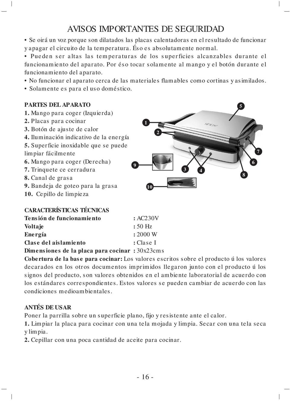 No funcionar el aparato cerca de las materiales flamables como cortinas y asimilados. Solamente es para el uso doméstico. PARTES DEL APARATO 1. Mango para coger (Izquierda) 2. Placas para cocinar 3.