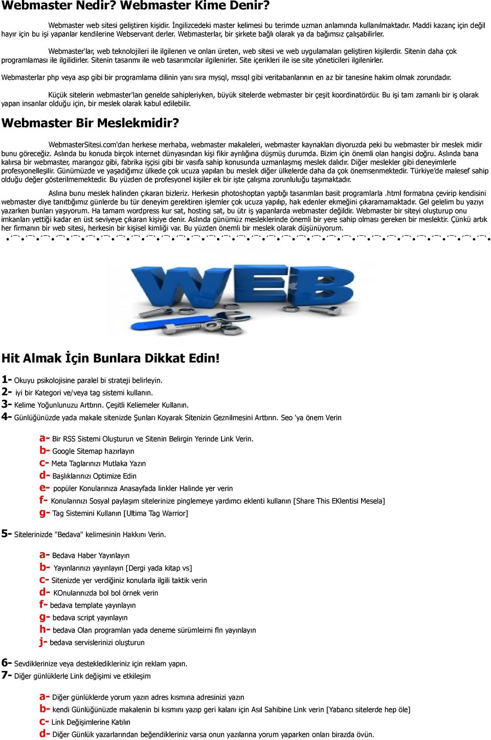 Webmaster'lar, web teknolojileri ile ilgilenen ve onları üreten, web sitesi ve web uygulamaları geliştiren kişilerdir. Sitenin daha çok programlaması ile ilgilidirler.