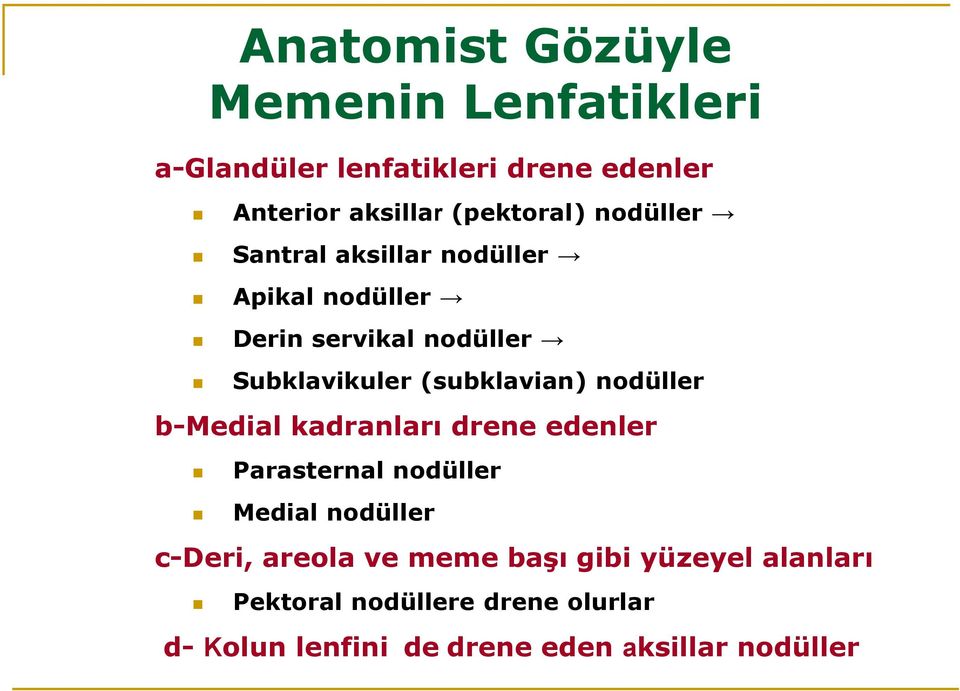 (subklavian) nodüller b-medial kadranları drene edenler Parasternal nodüller Medial nodüller c-deri,