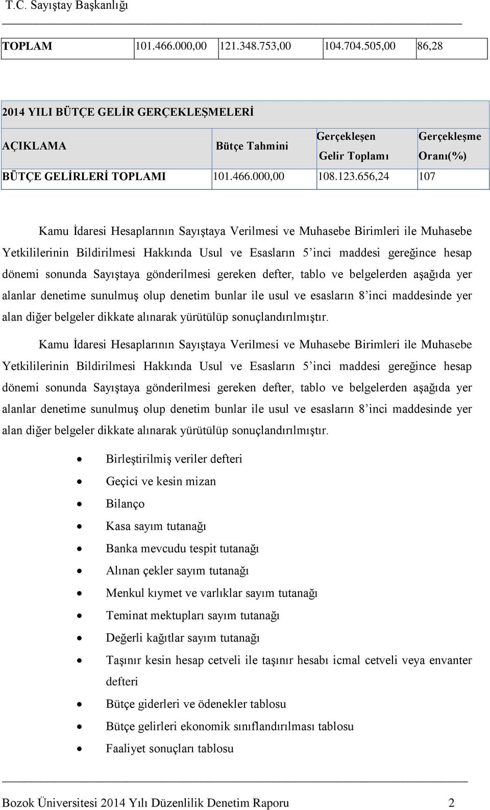 SayıĢtaya gönderilmesi gereken defter, tablo ve belgelerden aģağıda yer alanlar denetime sunulmuģ olup denetim bunlar ile usul ve esasların 8 inci maddesinde yer alan diğer belgeler dikkate alınarak