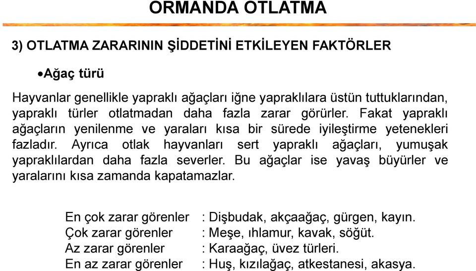 Ayrıca otlak hayvanları sert yapraklı ağaçları, yumuşak yapraklılardan daha fazla severler. Bu ağaçlar ise yavaş büyürler ve yaralarını kısa zamanda kapatamazlar.