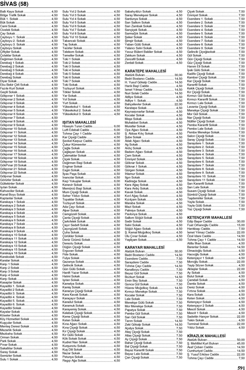 .. 4,50 Derebağ Sokak... 4,50 Diyar Sokak... 4,50 Ebu Bekir Çirli Sokak... 4,50 Fazıle Kurt Sokak... 4,50 Geçili Sokak... 4,50 Gökpınar 1 Sokak... 4,50 Gökpınar 2 Sokak... 4,50 Gökpınar 3 Sokak.