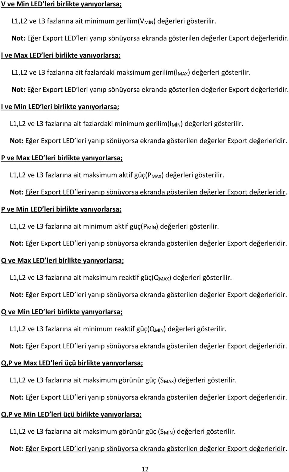 l ve Max LED leri birlikte yanıyorlarsa; L1,L2 ve L3 fazlarına ait fazlardaki maksimum gerilim(lmax) değerleri gösterilir.