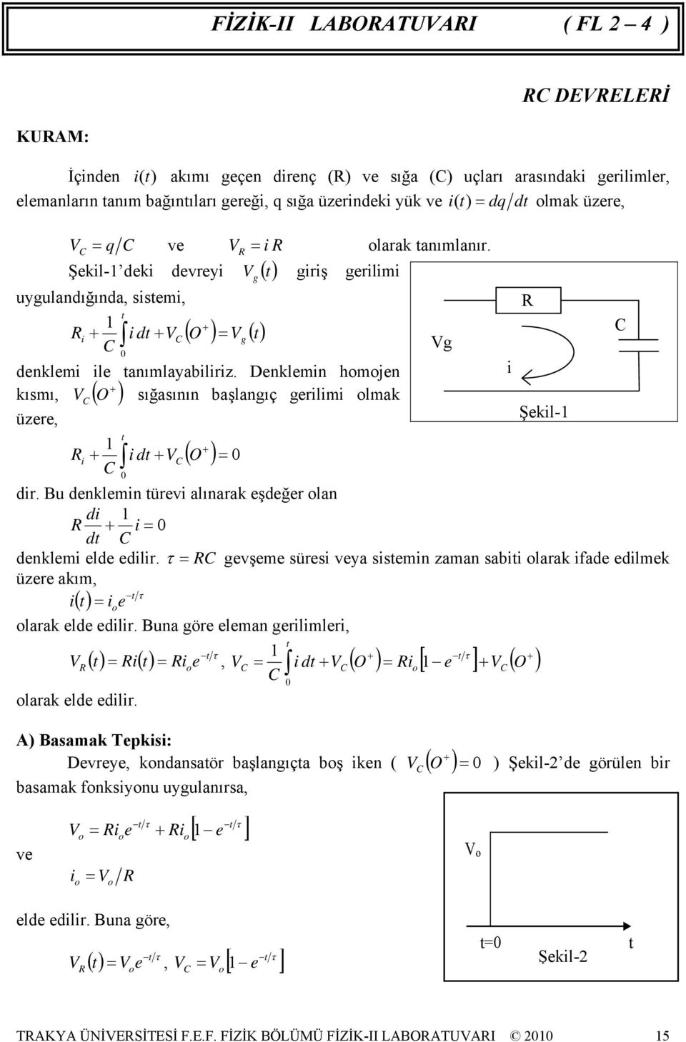 Şekil- deki devreyi V g () t giriş gerilimi uygulandığında, sistemi, R t + Ri + i dt + VC ( O ) = Vg () t C C Vg 0 denklemi ile tanımlayabiliriz.