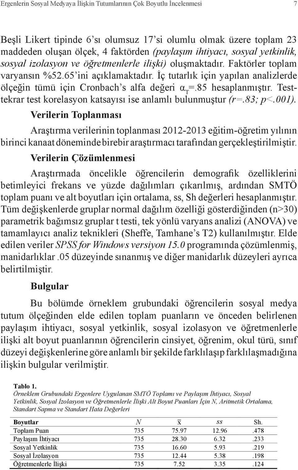 İç tutarlık için yapılan analizlerde ölçeğin tümü için Cronbach s alfa değeri α T =.85 hesaplanmıştır. Testtekrar test korelasyon katsayısı ise anlamlı bulunmuştur (r=.83; p<.001).