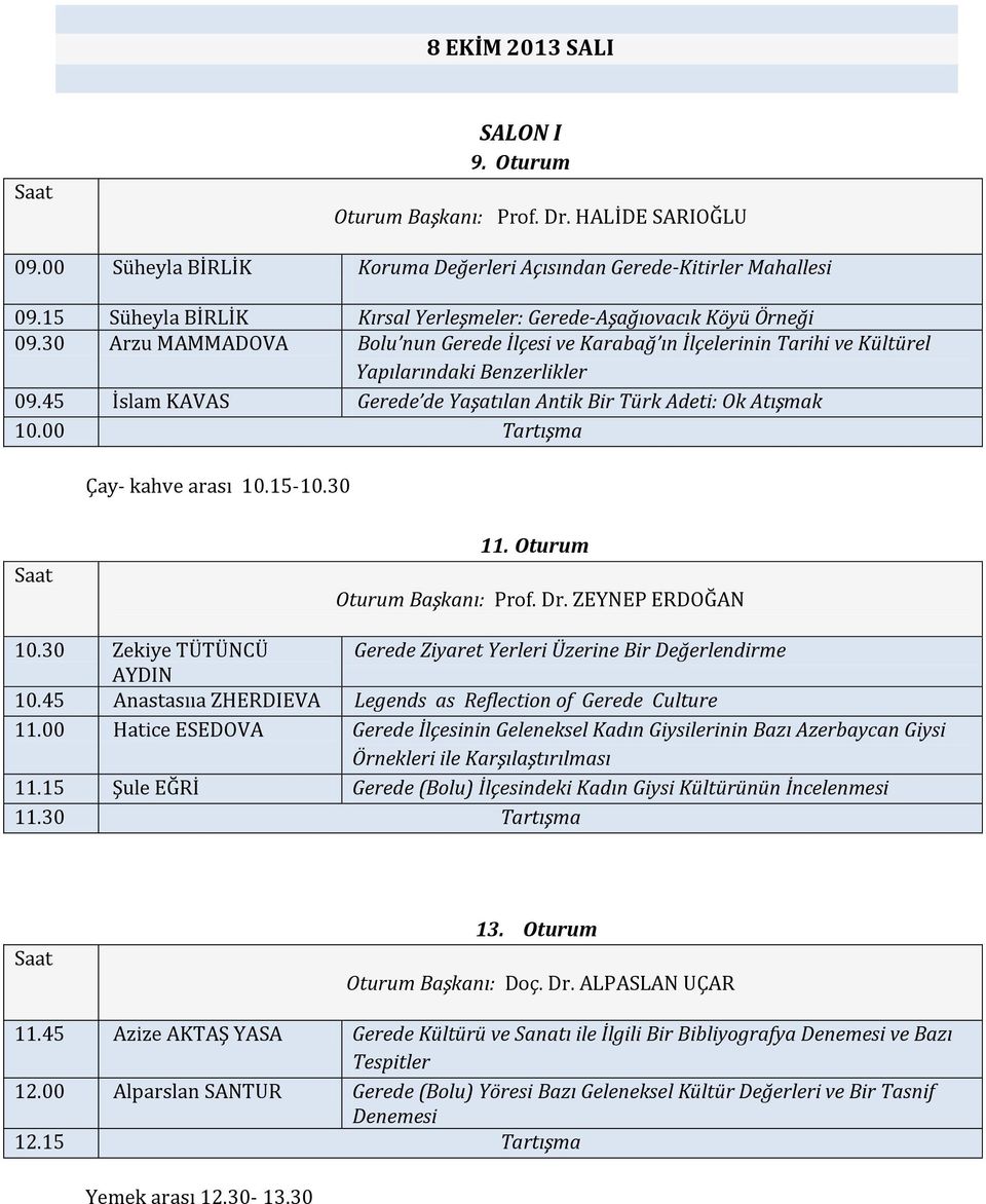 45 İslam KAVAS Gerede de Yaşatılan Antik Bir Türk Adeti: Ok Atışmak 10.00 Tartışma Çay- kahve arası 10.15-10.30 11. Oturum Oturum Başkanı: Prof. Dr. ZEYNEP ERDOĞAN 10.