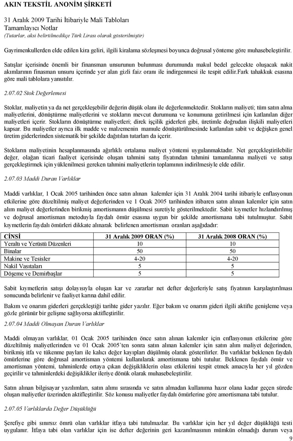 edilir.fark tahakkuk esasına göre mali tablolara yansıtılır. 2.07.02 Stok Değerlemesi Stoklar, maliyetin ya da net gerçekleşebilir değerin düşük olanı ile değerlenmektedir.