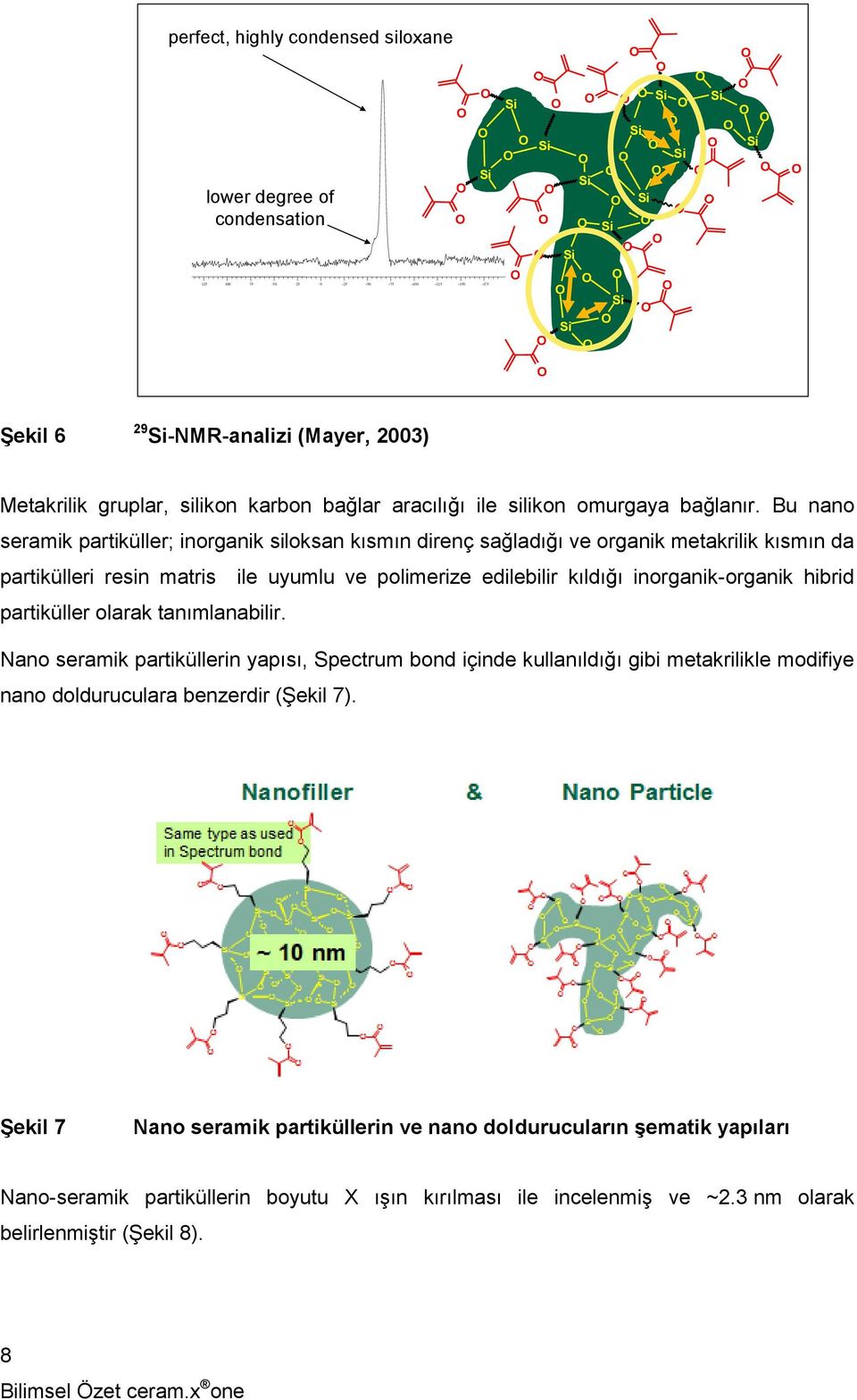 Bu nano seramik partiküller; inorganik siloksan kısmın direnç sağladığı ve organik metakrilik kısmın da partikülleri resin matris ile uyumlu ve polimerize edilebilir kıldığı inorganik-organik hibrid