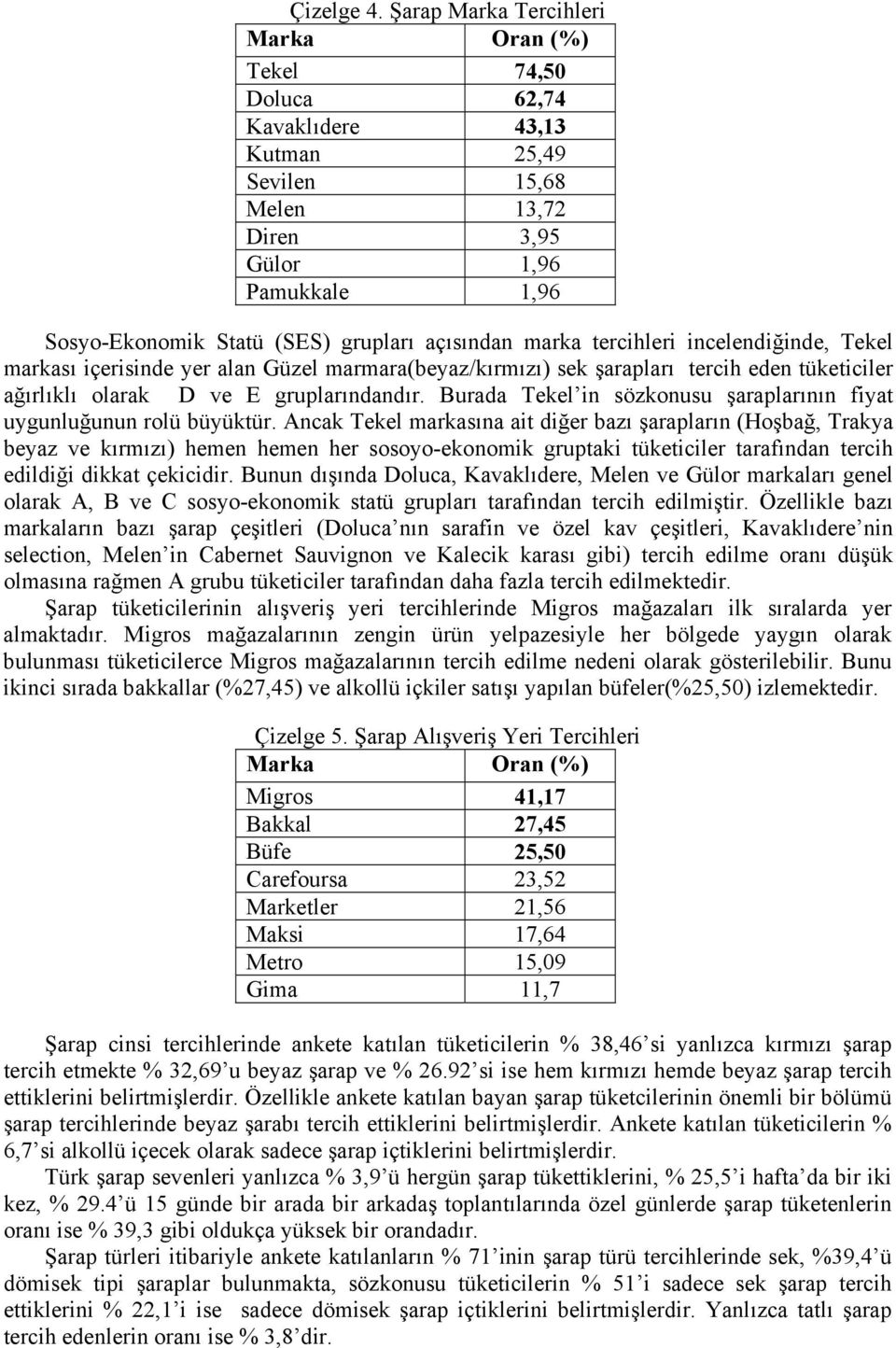 marka tercihleri incelendiğinde, Tekel markası içerisinde yer alan Güzel marmara(beyaz/kırmızı) sek şarapları tercih eden tüketiciler ağırlıklı olarak D ve E gruplarındandır.