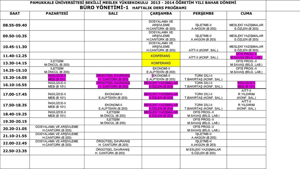 CANTÜRK (B 203) ÖRGÜTSEL DAVRANIŞ H. CANTÜRK (B 203) EKONOMİ-II E.ALPTEKİN (B 203) EKONOMİ-II E.ALPTEKİN (B 203) İLETİŞİM M.ÖNCÜL (B 203) İLETİŞİM M.ÖNCÜL (B 203) ÖRGÜTSEL DAVRANIŞ H.