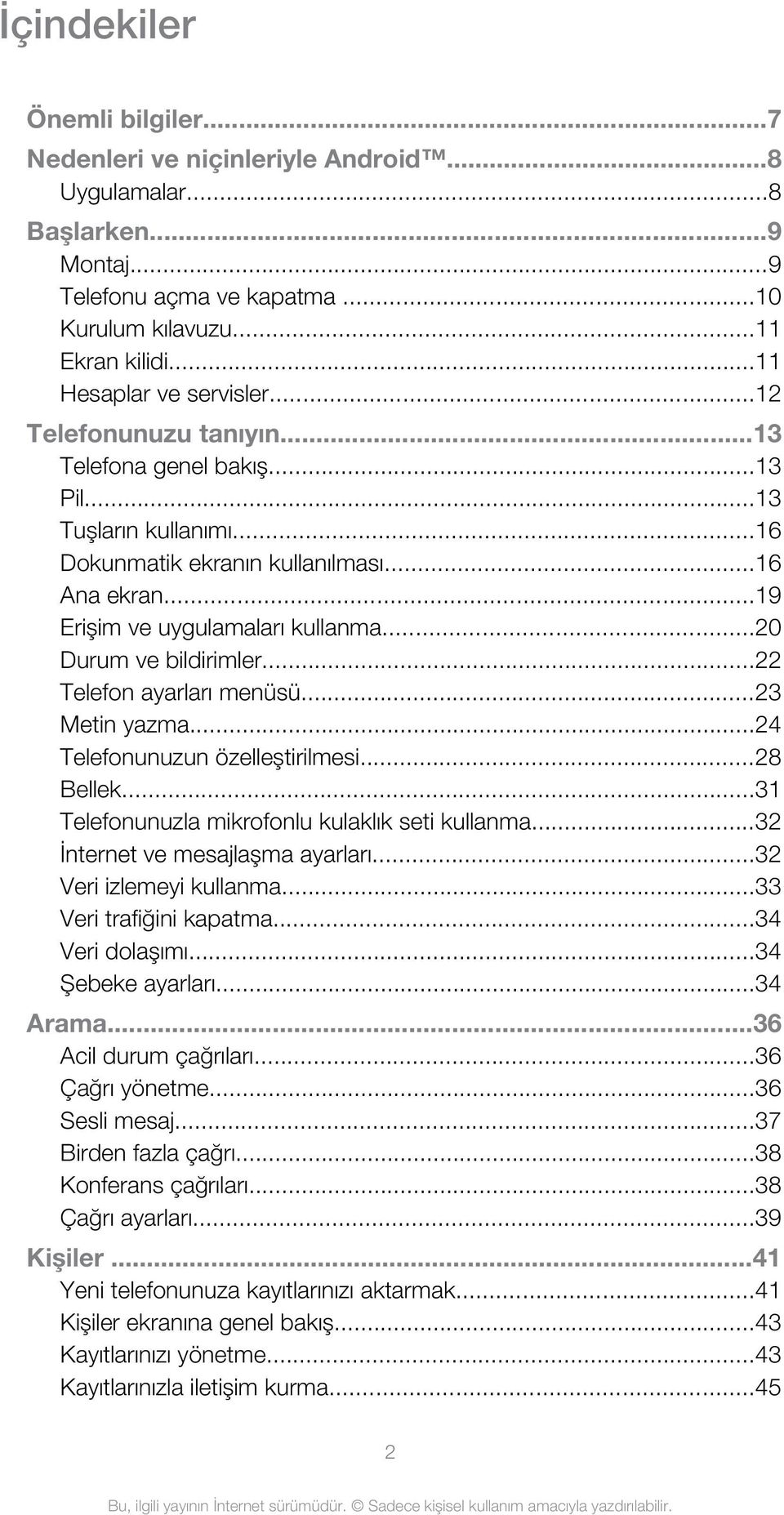 ..20 Durum ve bildirimler...22 Telefon ayarları menüsü...23 Metin yazma...24 Telefonunuzun özelleştirilmesi...28 Bellek...31 Telefonunuzla mikrofonlu kulaklık seti kullanma.