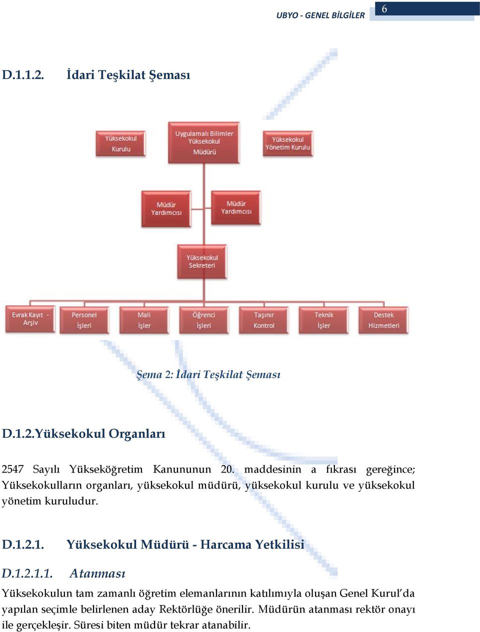 1. D.1.2.1.1. Yüksekokul Müdürü - Harcama Yetkilisi Atanması Yüksekokulun tam zamanlı öğretim elemanlarının katılımıyla oluşan Genel