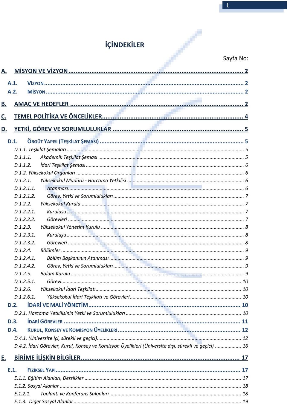 .. 6 D.1.2.1.2. Görev, Yetki ve Sorumlulukları... 7 D.1.2.2. Yüksekokul Kurulu... 7 D.1.2.2.1. Kuruluşu... 7 D.1.2.2.2. Görevleri... 7 D.1.2.3. Yüksekokul Yönetim Kurulu... 8 D.1.2.3.1. Kuruluşu... 8 D.1.2.3.2. Görevleri... 8 D.1.2.4.