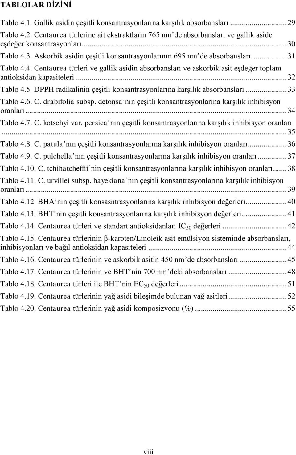 ... 31 Tablo 4.4. Centaurea türleri ve gallik asidin absorbansları ve askorbik asit eşdeğer toplam antioksidan kapasiteleri... 32 Tablo 4.5.