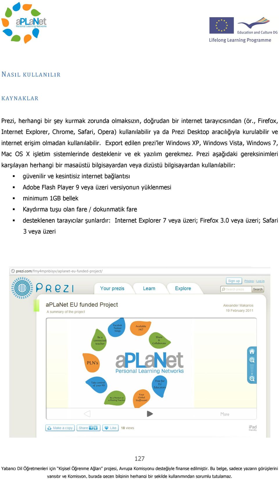 Export edilen prezi ler Windows XP, Windows Vista, Windows 7, Mac OS X işletim sistemlerinde desteklenir ve ek yazılım gerekmez.