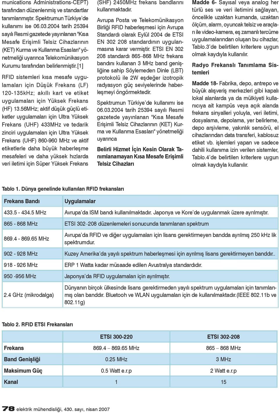 [1] RFID sistemleri kısa mesafe uygulamaları için Düşük Frekans (LF) 120-135kHz; akıllı kart ve etiket uygulamaları için Yüksek Frekans (HF) 13.