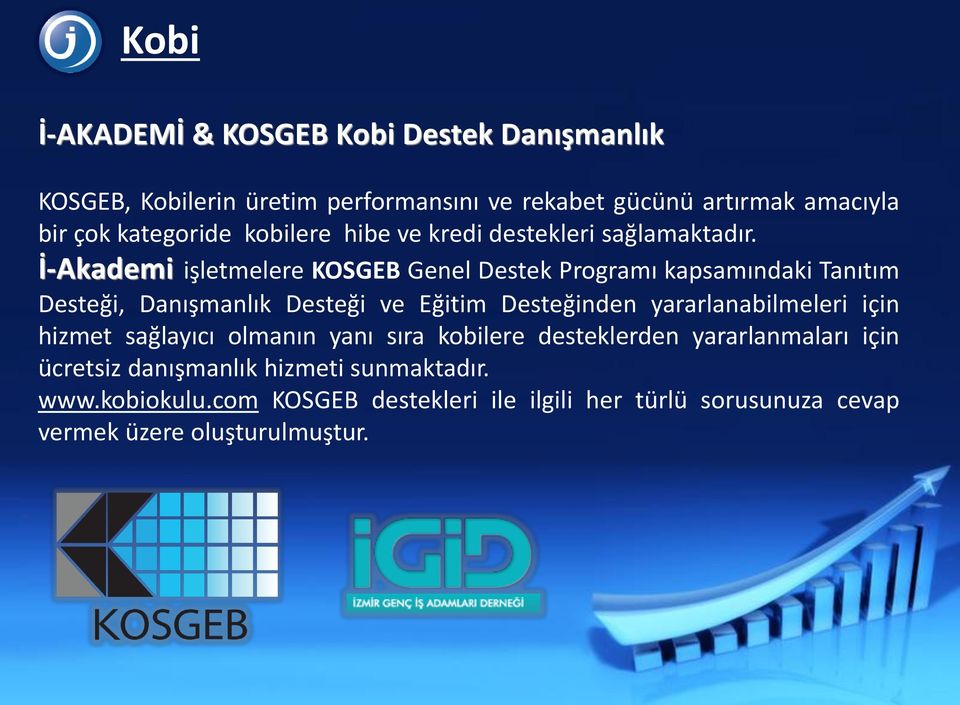 İ-Akademi işletmelere KOSGEB Genel Destek Programı kapsamındaki Tanıtım Desteği, Danışmanlık Desteği ve Eğitim Desteğinden