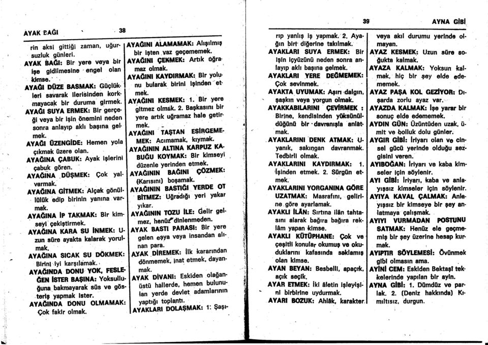 AYAGI 0zenclor: Hemen Yola grkmak 0zere olan. AYAGINA 9ABUK: AYak iglerinl cabuk g6ren. AYAGjNA ou$urx: cok Yal' narmak. AYAGINA Ghttler: Alcak soniil' l0liik edlp blrlnln Yanrna var' mak.