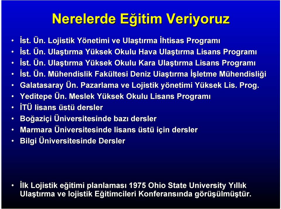 Meslek Yüksek Okulu Lisans Programı İTÜ lisans üstü dersler Boğaziçi Üniversitesinde bazı dersler Marmara Üniversitesinde lisans üstü için dersler Bilgi