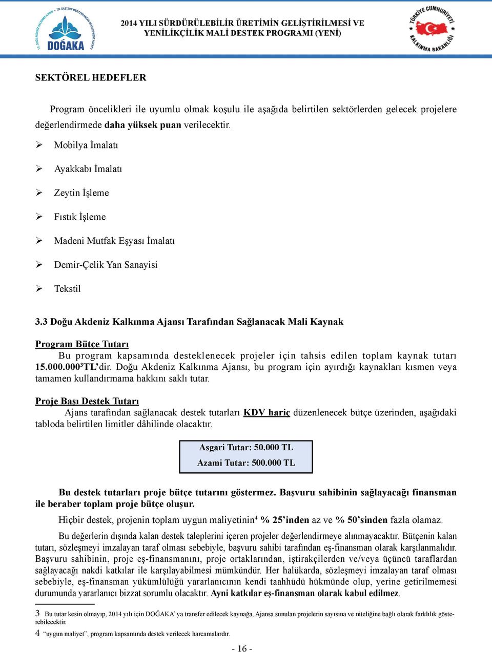 3 Doğu Akdeniz Kalkınma Ajansı Tarafından Sağlanacak Mali Kaynak Program Bütçe Tutarı Bu program kapsamında desteklenecek projeler için tahsis edilen toplam kaynak tutarı 15.000.000 3 TL dir.