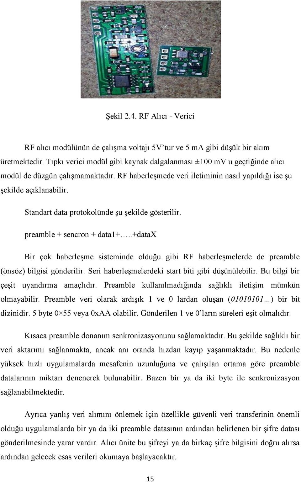 Standart data protokolünde Ģu Ģekilde gösterilir. preamble + sencron + data1+..+datax Bir çok haberleģme sisteminde olduğu gibi RF haberleģmelerde de preamble (önsöz) bilgisi gönderilir.