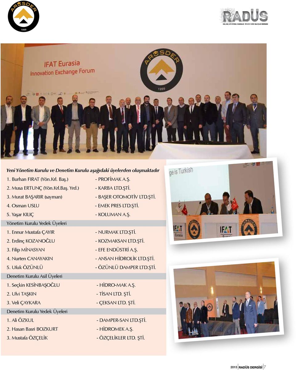 Erdinç KOZANOĞLU - KOZMAKSAN LTD.ŞTİ. 3. Filip MİNASYAN - EFE ENDÜSTRİ A.Ş. 4. Nurten CANAYAKIN - ANSAN HİDROLİK LTD.ŞTİ. 5. Ufuk ÖZÜNLÜ - ÖZÜNLÜ DAMPER LTD.ŞTİ. Denetim Kurulu Asil Üyeleri 1.