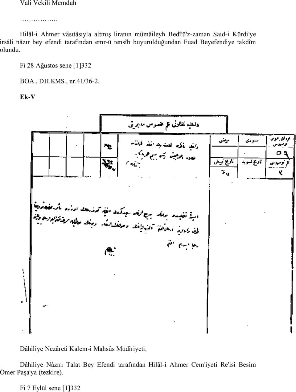 tarafından emr-ü tensîb buyurulduğundan Fuad Beyefendiye takdîm olundu. Fi 28 Ağustos sene [1]332 BOA., DH.