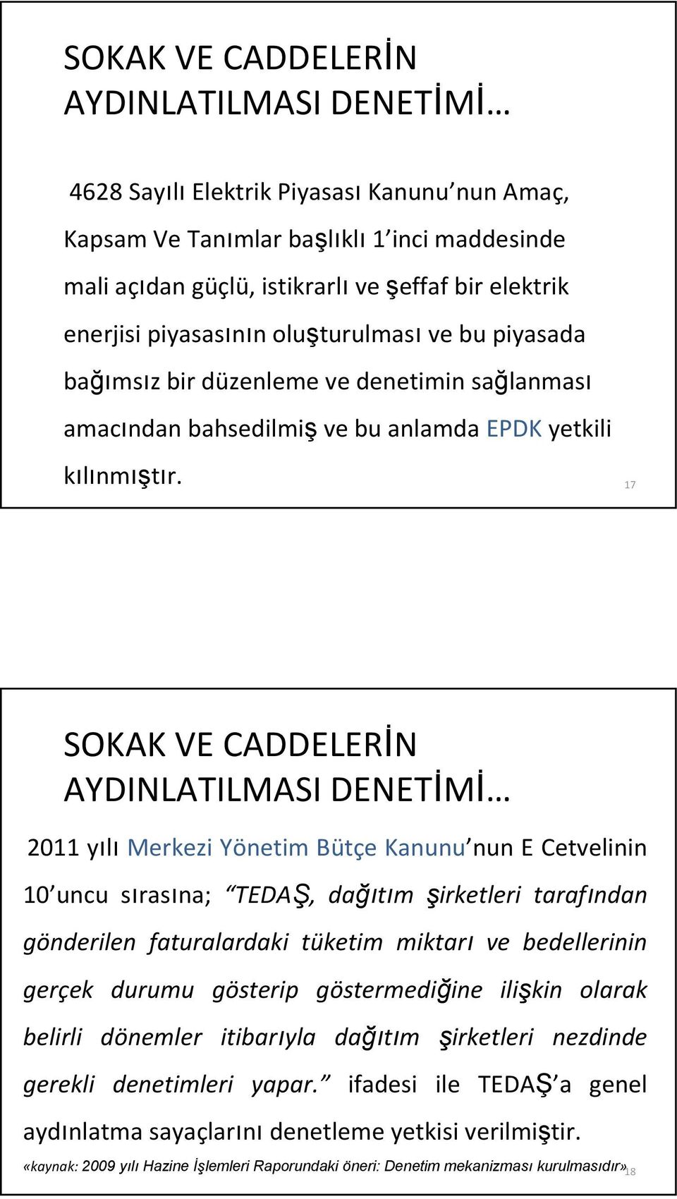 17 SOKAK VE CADDELERİN AYDINLATILMASI DENETİMİ 2011 yılı Merkezi Yönetim Bütçe Kanunu nun E Cetvelinin 10 uncu sırasına; TEDAŞ, dağıtım şirketleri tarafından gönderilen faturalardaki tüketim miktarı