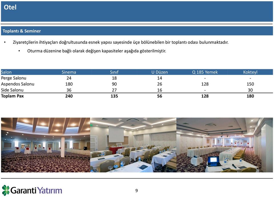 Oturma düzenine bağlı olarak değişen kapasiteler aşağıda gösterilmiştir.