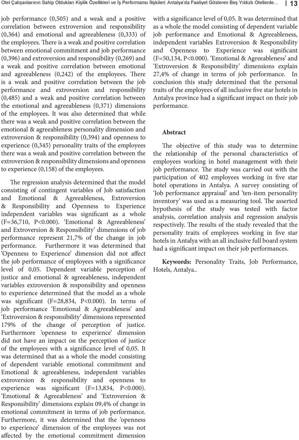 There is a weak and positive correlation between emotional commitment and job performance (0,396) and extroversion and responsibility (0,269) and a weak and positive correlation between emotional and