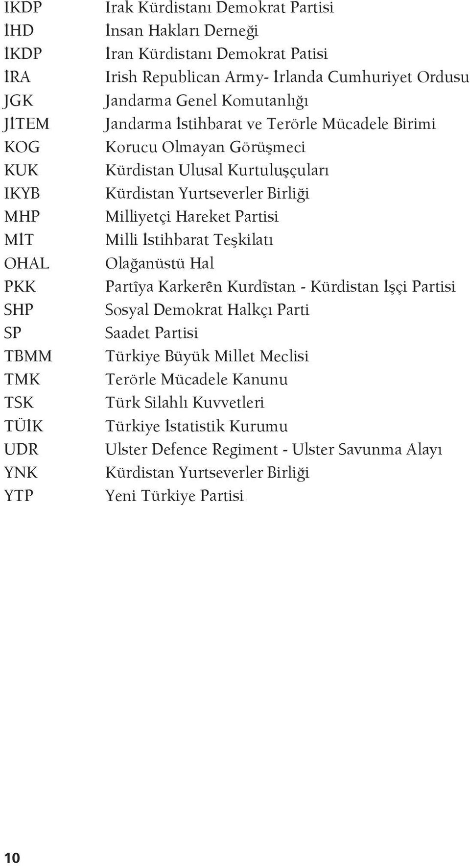 Yurtseverler Birliği Milliyetçi Hareket Partisi Milli İstihbarat Teşkilatı Olağanüstü Hal Partîya Karkerên Kurdîstan - Kürdistan İşçi Partisi Sosyal Demokrat Halkçı Parti Saadet Partisi