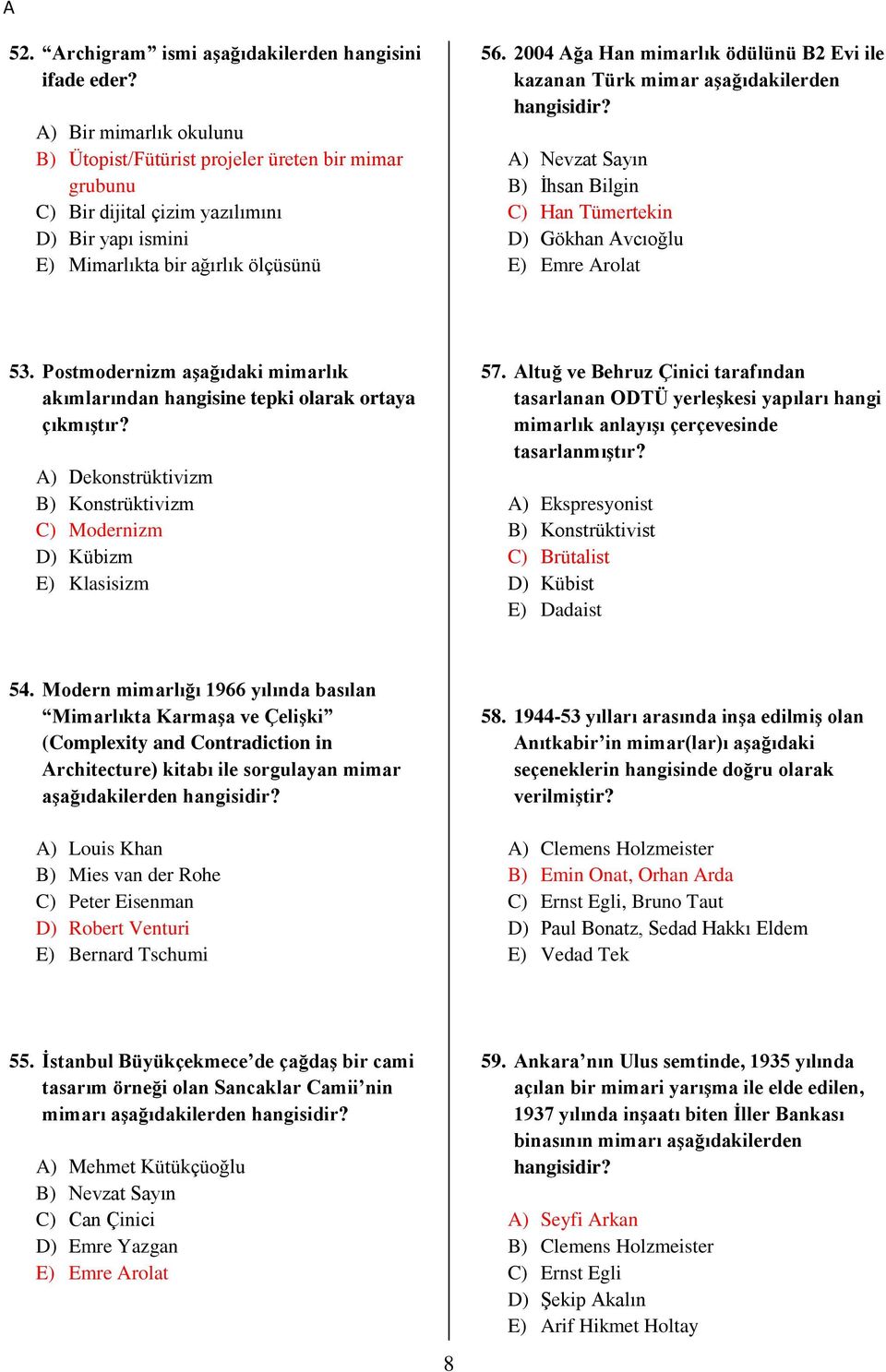 004 Ağa Han mimarlık ödülünü B Evi ile kazanan Türk mimar aşağıdakilerden hangisidir? A) Nevzat Sayın B) İhsan Bilgin C) Han Tümertekin D) Gökhan Avcıoğlu E) Emre Arolat 53.