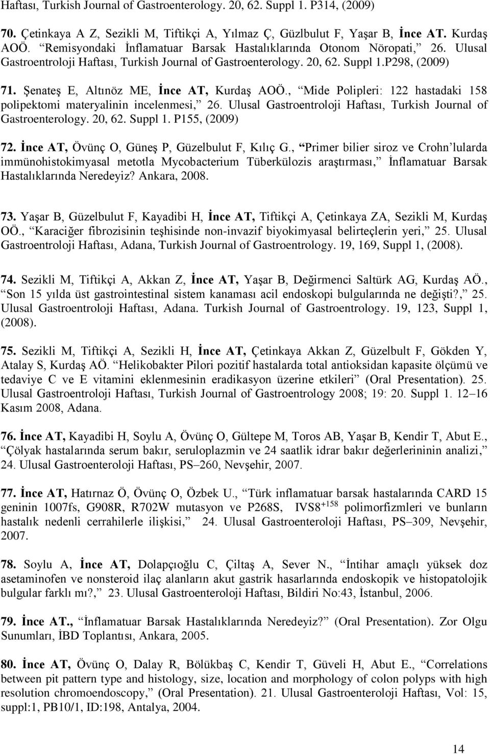 Şenateş E, Altınöz ME, İnce AT, Kurdaş AOÖ., Mide Polipleri: 122 hastadaki 158 polipektomi materyalinin incelenmesi, 26. Ulusal Gastroentroloji Haftası, Turkish Journal of Gastroenterology. 20, 62.