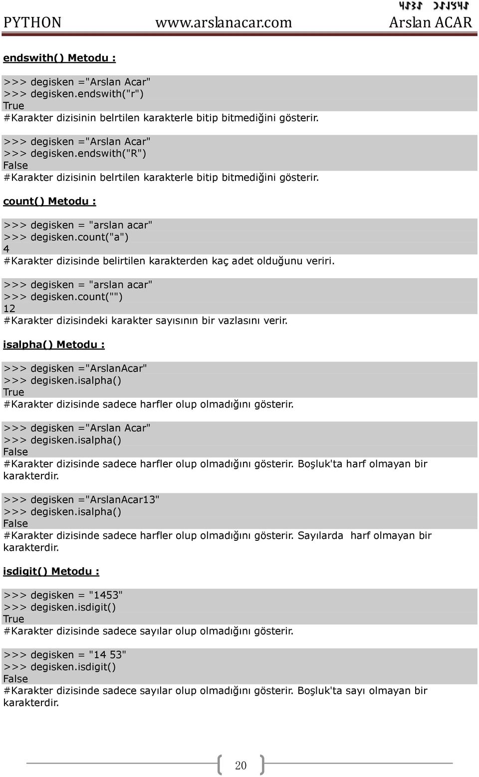 isalpha() Metodu : >>> degisken ="ArslanAcar" >>> degisken.isalpha() True #Karakter dizisinde sadece harfler olup olmadığını gösterir. >>> degisken ="Arslan Acar" >>> degisken.