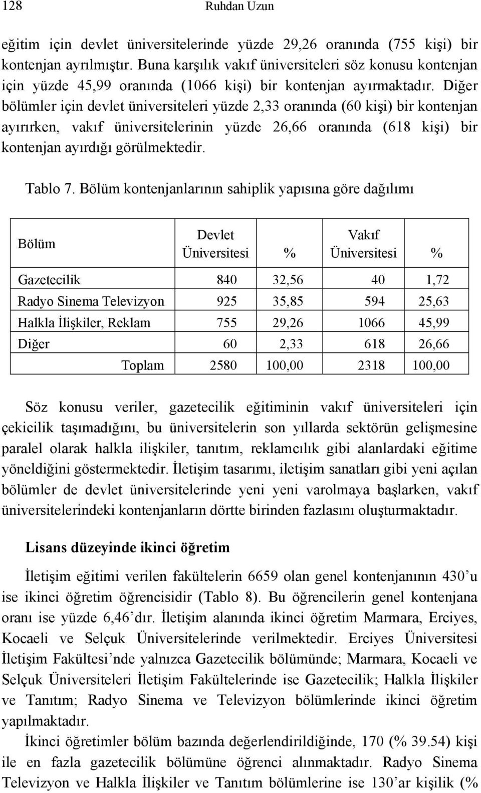 Diğer bölümler için devlet üniversiteleri yüzde 2,33 oranında (60 kişi) bir kontenjan ayırırken, vakıf üniversitelerinin yüzde 26,66 oranında (618 kişi) bir kontenjan ayırdığı görülmektedir. Tablo 7.