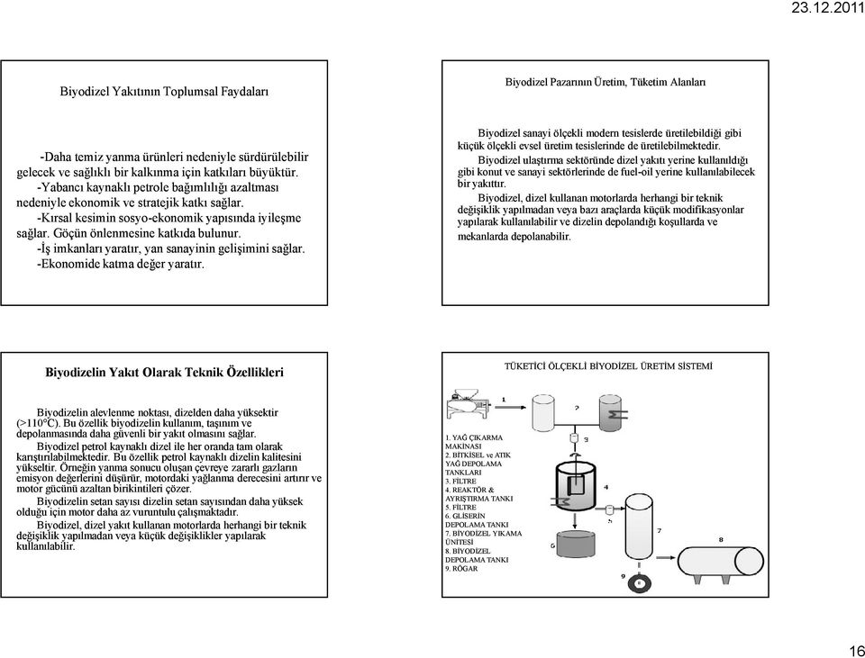 -İş imkanları yaratır, yan sanayinin gelişimini sağlar. -Ekonomide katma değer yaratır. Biyodizelin Yakıt Olarak Teknik Özellikleri Biyodizelin alevlenme noktası, dizelden daha yüksektir (>110 C).