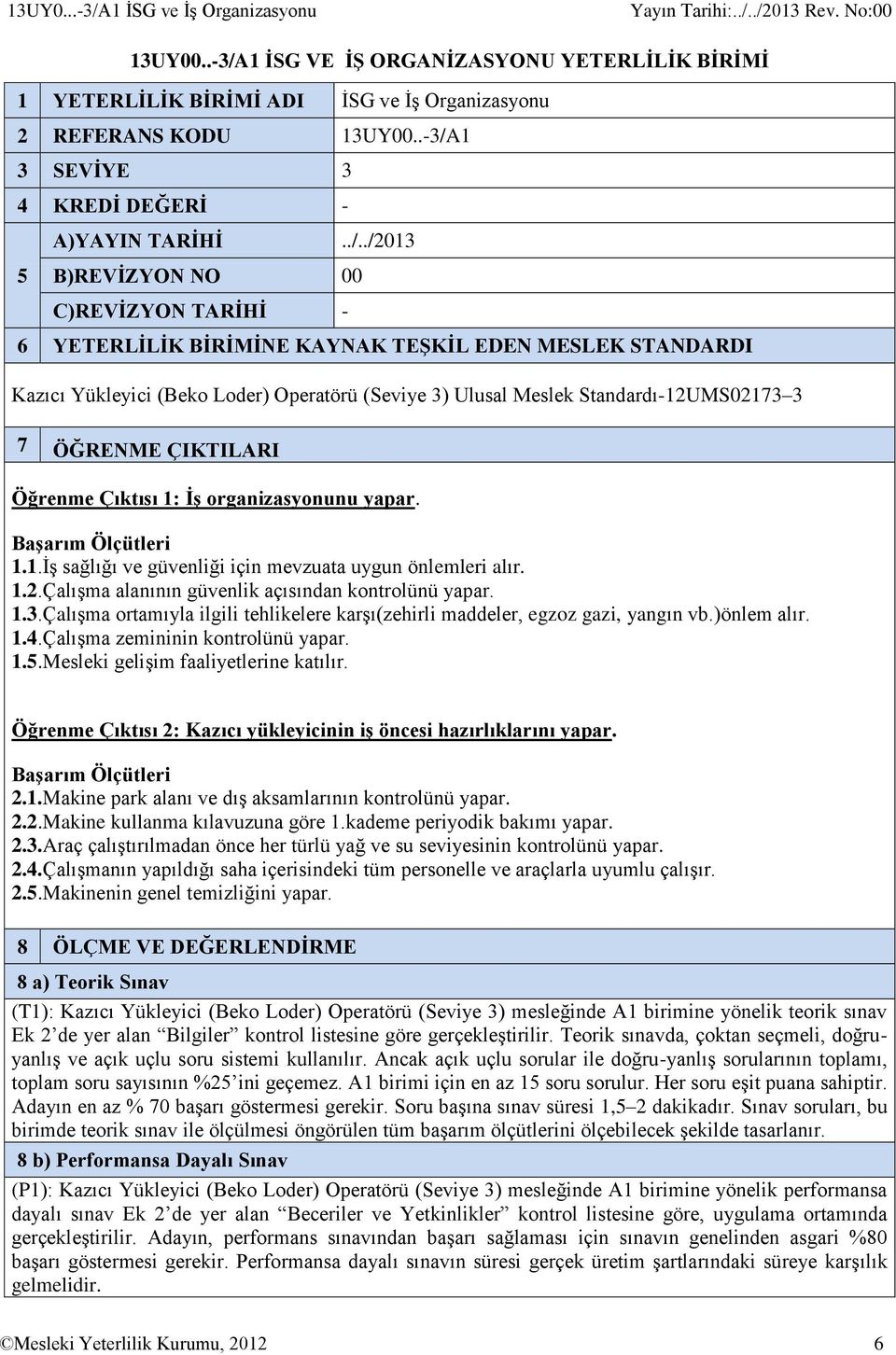 (Seviye 3) Ulusal Meslek Standardı-12UMS02173 3 7 ÖĞRENME ÇIKTILARI Öğrenme Çıktısı 1: İş organizasyonunu yapar. Başarım Ölçütleri 1.1.İş sağlığı ve güvenliği için mevzuata uygun önlemleri alır. 1.2.Çalışma alanının güvenlik açısından kontrolünü yapar.