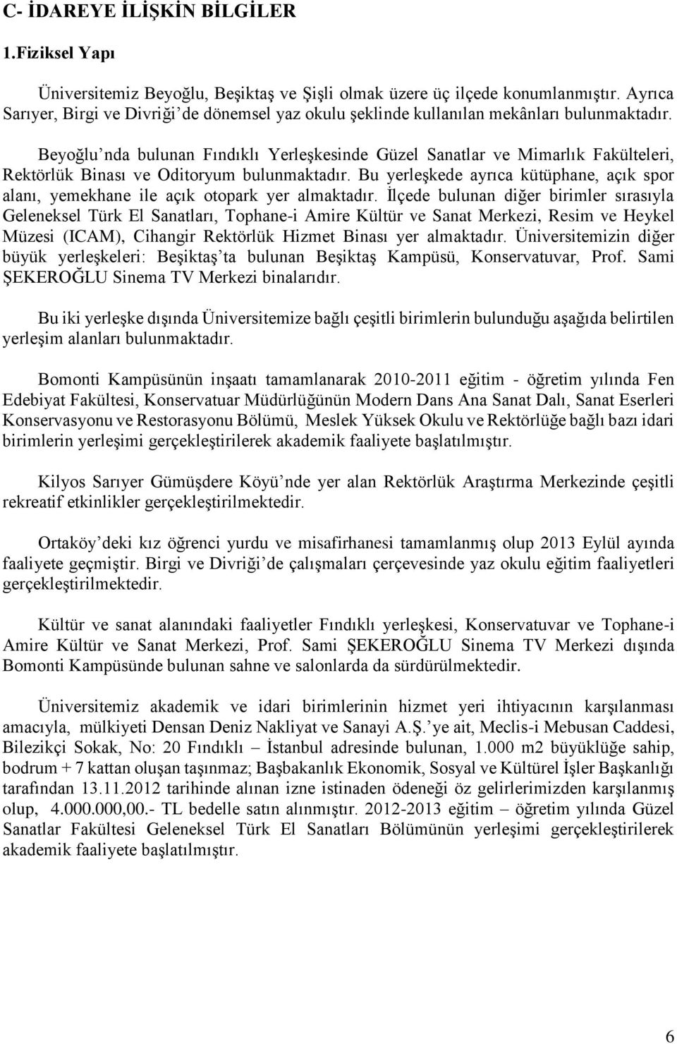 Beyoğlu nda bulunan Fındıklı Yerleşkesinde Güzel Sanatlar ve Mimarlık Fakülteleri, Rektörlük Binası ve Oditoryum bulunmaktadır.