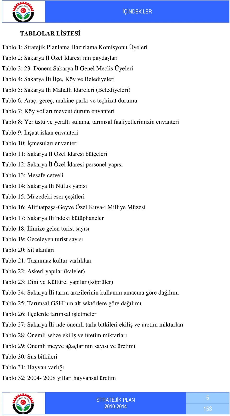 7: Köy yolları mevcut durum envanteri Tablo 8: Yer üstü ve yeraltı sulama, tarımsal faaliyetlerimizin envanteri Tablo 9: İnşaat iskan envanteri Tablo 1: İçmesuları envanteri Tablo 11: Sakarya İl Özel