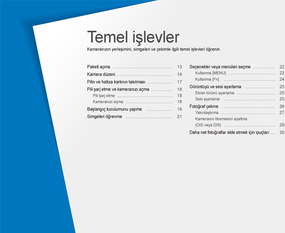 18 Başlangıç kurulumunu yapma 19 Simgeleri öğrenme 21 Seçenekler veya menüleri seçme 22 Kullanma [MENU] 22 Kullanma [Fn] 24 Görüntüyü ve