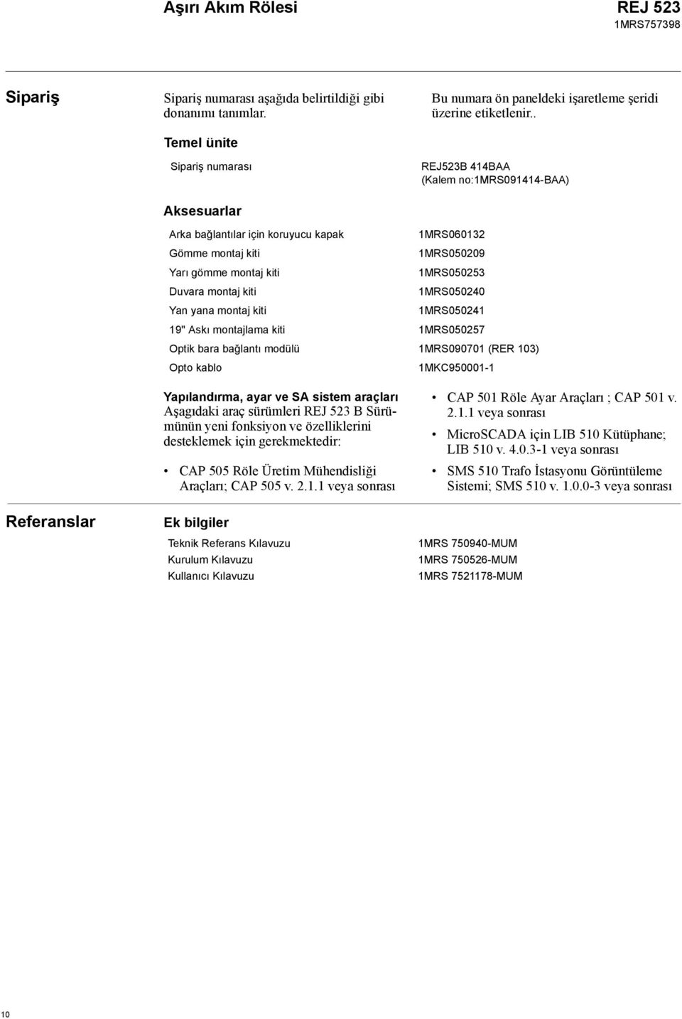 kiti 1MRS050241 19'' Askı montajlama kiti 1MRS050257 Optik bara bağlantı modülü 1MRS090701 (RER 103) Opto kablo 1MKC950001-1 Referanslar Yapılandırma, ayar ve SA sistem araçları Aşagıdaki araç