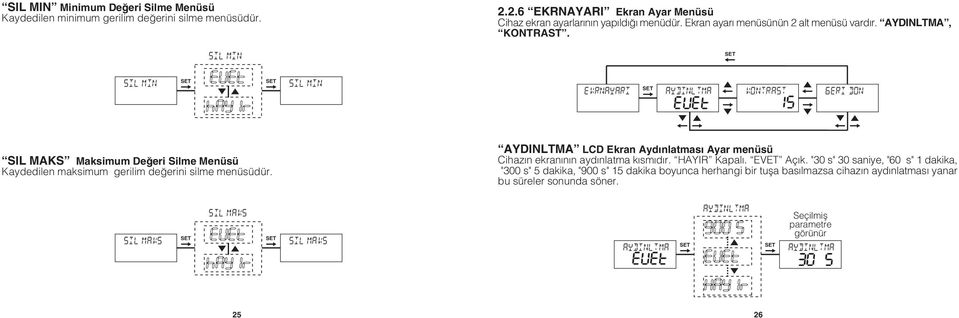 sil MIN sil MIN EKRNAYARI AYDINLTMA EET KONTRAST 15 GERI DON SIL MAKS Maksimum Deðeri Silme Menüsü Kaydedilen maksimum gerilim deðerini silme menüsüdür.
