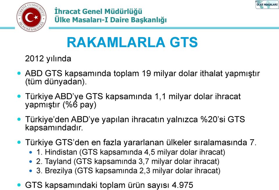 GTS kapsamındadır. Türkiye GTS den en fazla yararlanan ülkeler sıralamasında 7. 1.