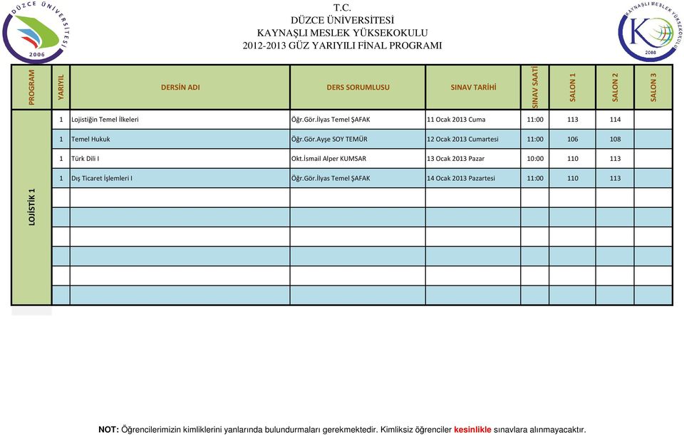 Ayşe SOY TEMÜR 12 Ocak 2013 Cumartesi 11:00 106 108 1 Türk Dili I Okt.