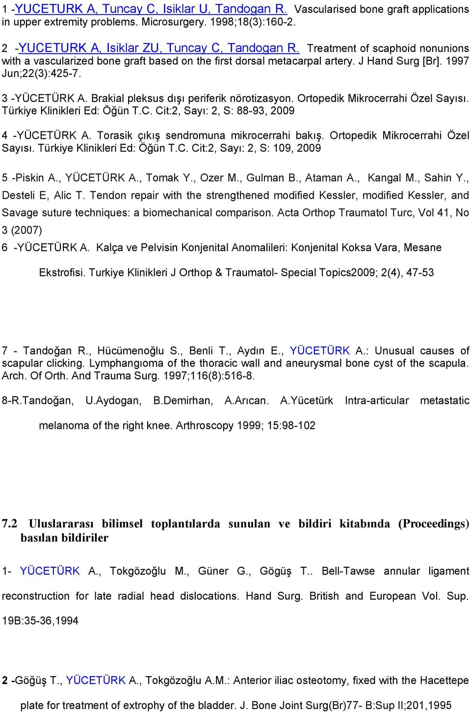 Brakial pleksus dışı periferik nörotizasyon. Ortopedik Mikrocerrahi Özel Sayısı. Türkiye Klinikleri Ed: Öğün T.C. Cit:2, Sayı: 2, S: 88-93, 2009 4 -YÜCETÜRK A.