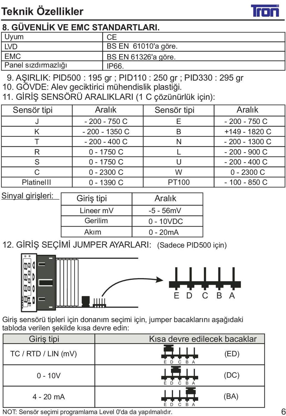PT100 Sinyal giriþleri: Giriþ tipi Aralýk Lineer mv Gerilim Akým CE BS EN 61010'a göre. BS EN61326'a göre. IP66. -5-56mV 0-10VDC 0-20mA 12.